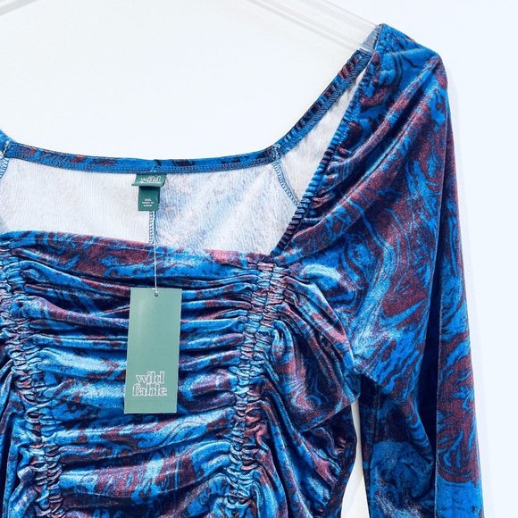 Wild Fable Woman Velvet Dress Medium Bodycon Blue Purple Long Sleeve Ruched Mini - Picture 2 of 14